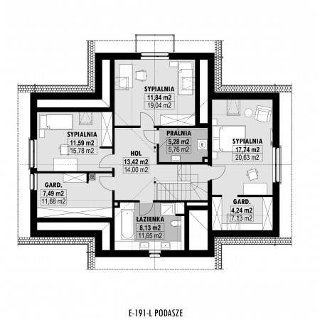 Symetryczny dom z dwuspadowym dachem - rzut