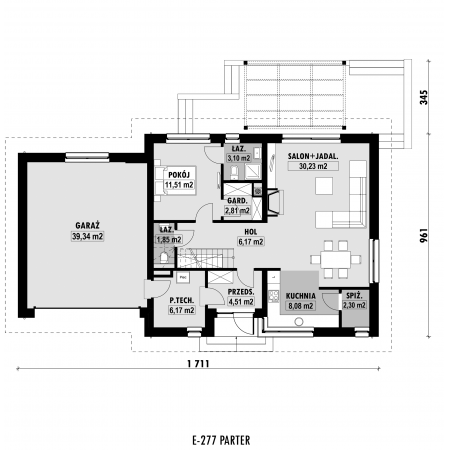 Dom z dwuspadowym dachem i 3 sypialniami - rzut